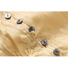 Light Oxygen Gentle 100 Ramie Stringy Selvedge Lace up Machine Embroidery Lantern Sleeve Shirt