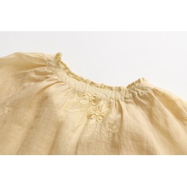 Light Oxygen Gentle 100 Ramie Stringy Selvedge Lace up Machine Embroidery Lantern Sleeve Shirt