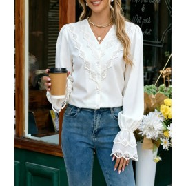 Early Autumn French White V neck Lace Shirt Women Summer High Grade Niche Shirt Long Sleeved Top