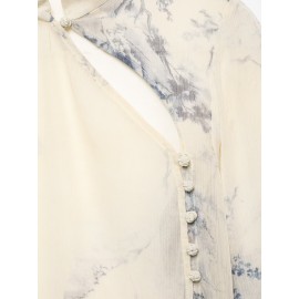 Women Elegant Printed Button Mid Length Shirt Top