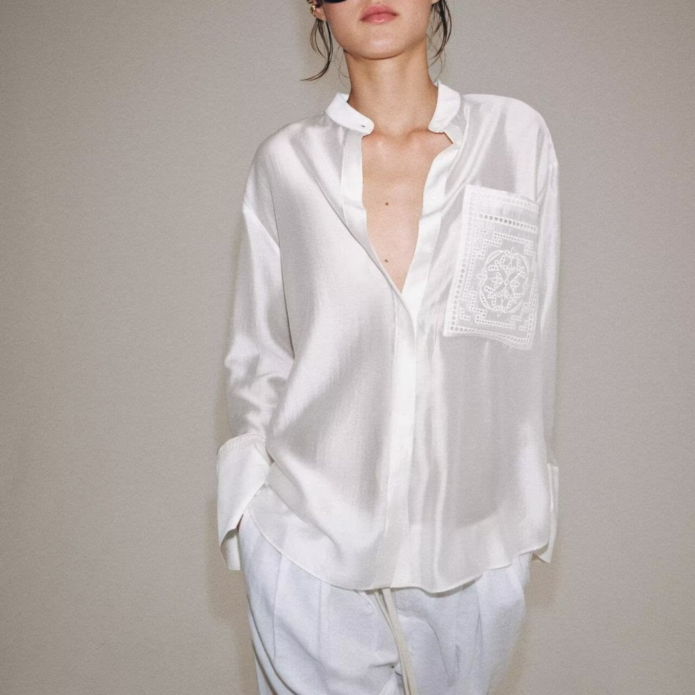 Women Clothing Summer Embroidered Pocket with Stand Collar Long Sleeve Shirt Top
