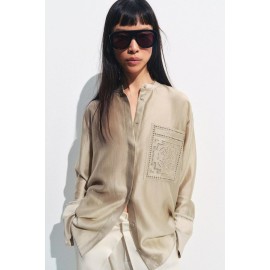 Women Clothing Summer Embroidered Pocket with Stand Collar Long Sleeve Shirt Top