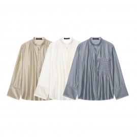 Women Clothing Summer Embroidered Pocket with Stand Collar Long Sleeve Shirt Top
