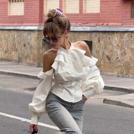 French Vintage Court Elegant Stand Collar off the Shoulder Lantern Sleeve Top Elegant Casual All Match Solid Color Long Sleeve Shirt