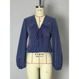 Autumn Wear French Minority Striped Shirt Women V neck Pleated Bow Puff Sleeve Date Elegant Top