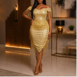 Fashionable Sexy off Shoulder Irregular Asymmetric Tassel Dress Sequin Small Dress
