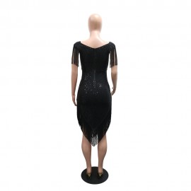 Fashionable Sexy off Shoulder Irregular Asymmetric Tassel Dress Sequin Small Dress