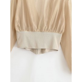 Early Autumn Long Sleeves French Sweet V neck Stitching Waist Seal Bishop Sleeves Top