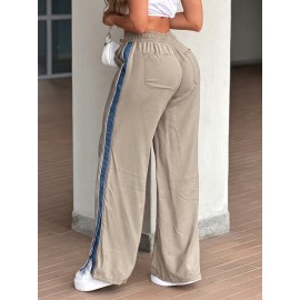 Daily Contrast Color Drawstring Wide Leg Bottoms Women Clothing Autumn Winter