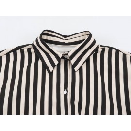 Women Clothing Early Autumn Long Sleeve Collared Patchwork Waistband Striped Shirt