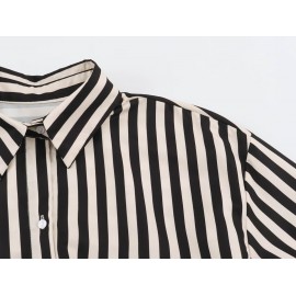 Women Clothing Early Autumn Long Sleeve Collared Patchwork Waistband Striped Shirt