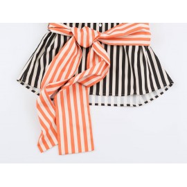 Women Clothing Early Autumn Long Sleeve Collared Patchwork Waistband Striped Shirt